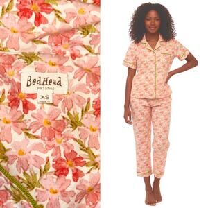 Perfect Bedhead Cropped Short Sleeve Orange Pink Floral Jersey Pajama Set XS